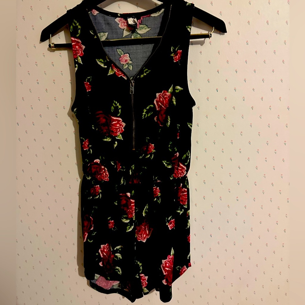 Floral pink and black front zip romper